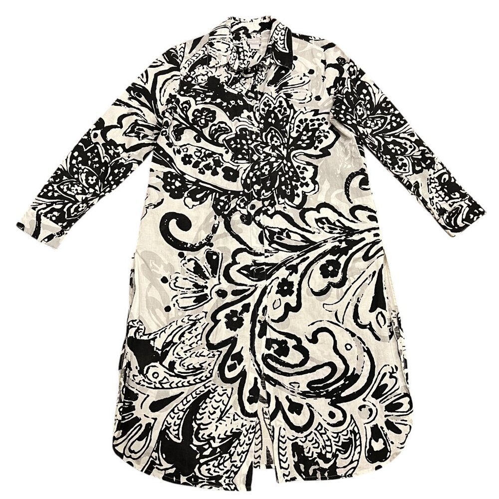 Chico Linen Print Button Duster, White Black, M - image 7